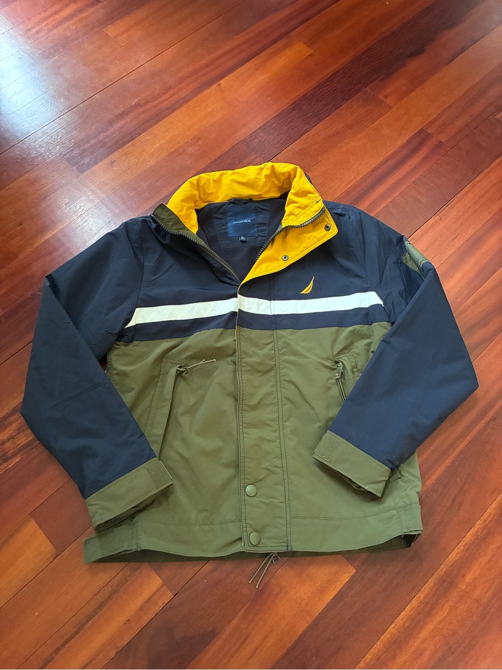 Nautica Olive Green Navy Yellow Colorblock Raincoat